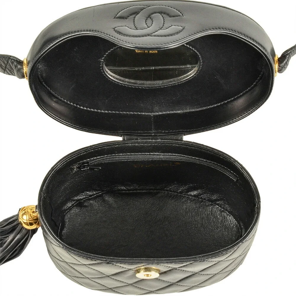 CHANEL Black Lambskin Leather Logo Shoulder Bag